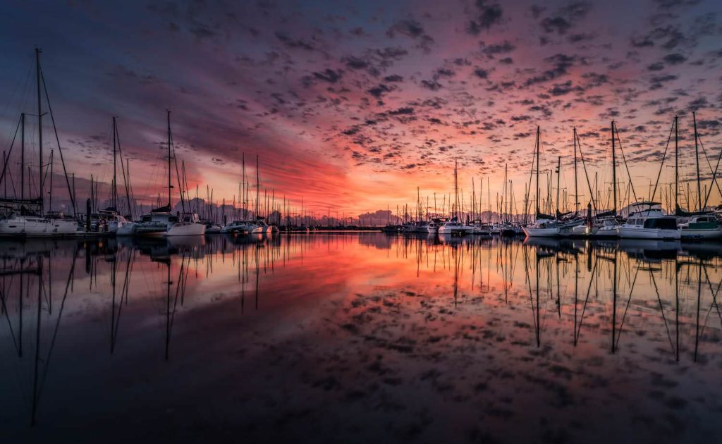 Landscape yacht sunrise reflection